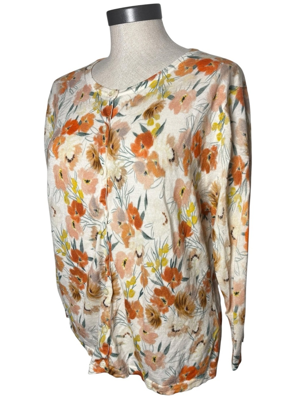 Garnet Hill XL 100% Merino Wool Floral Cardigan Lightweight Spring Sweater - Picture 4 of 8
